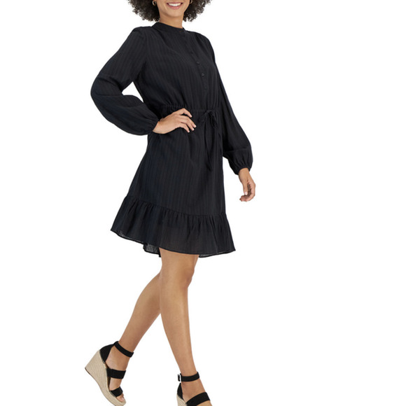 Style & Co Women's Cotton Blend Shadow-Striped Ruffle-Hem Dress Black. Large NWT - Picture 1 of 7